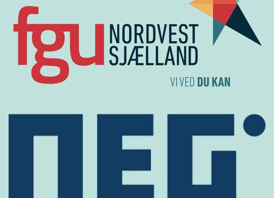 Logo for FGU Nordsjælland og NEG på lysegrøn baggrund. FGU-logoet står i rødt og mørkeblåt med sloganet 