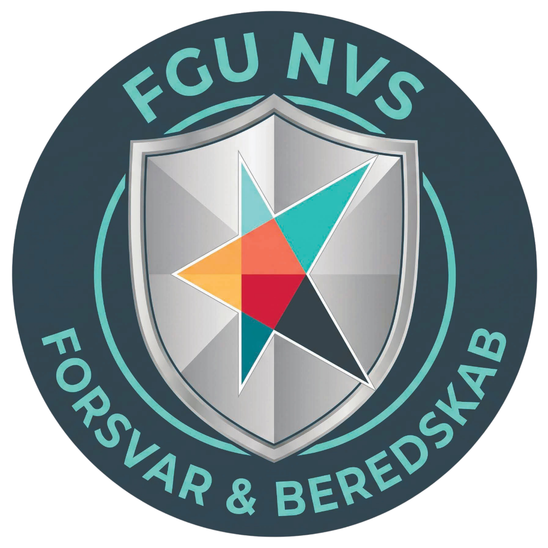 Rundt logo med teksten “FGU NVS Forsvar & Beredskab” og et skjold med stjerne i midten