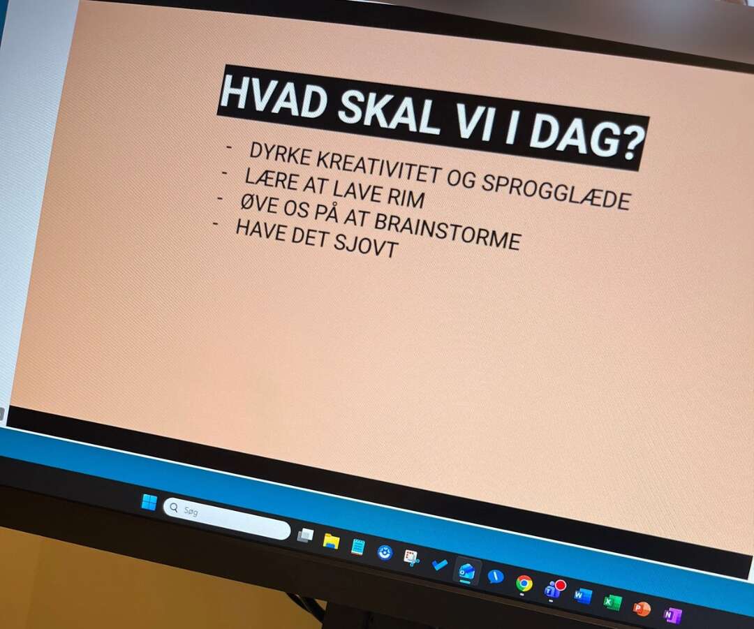 Slide fra workshop med fokus på kreativitet, rimskrivning, brainstorming og sprogglæde.